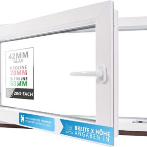 Kellerfenster Kunststofffenster weiß, BxH: 50 x 40 cm / 500 x 400 mm 2-fach Verglasung (32 mm) Dreh-Kipp inkl. Pilzkopfverriegelung, DIN Rechts (Griff Links), 60 mm Profil