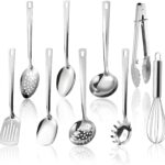 9 Stück Küchenhelfer Set Edelstahl - Küchenwerkzeug mit Hängeloch Design, Küchenutensilien, Spülmaschinengeeignet, Edelstahl Schöpflöffel, Pfannenwender, Siebspatel und mehr, Silberfarben