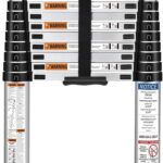 HBTower 3,8m Teleskopleiter Aluminium mit Haken, Leichte Ausziehleiter, Leiter Ausziehbar, klappbare Leiter für Dachböden, Caravans, 150kg Tragfähigkeit, Silber