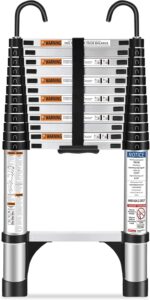 HBTower 3,8m Teleskopleiter Aluminium mit Haken, Leichte Ausziehleiter, Leiter Ausziehbar, klappbare Leiter für Dachböden, Caravans, 150kg Tragfähigkeit, Silber