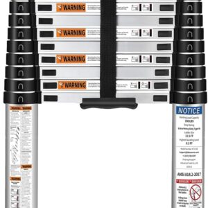 HBTower 3,8m Teleskopleiter Aluminium mit Haken, Leichte Ausziehleiter, Leiter Ausziehbar, klappbare Leiter für Dachböden, Caravans, 150kg Tragfähigkeit, Silber