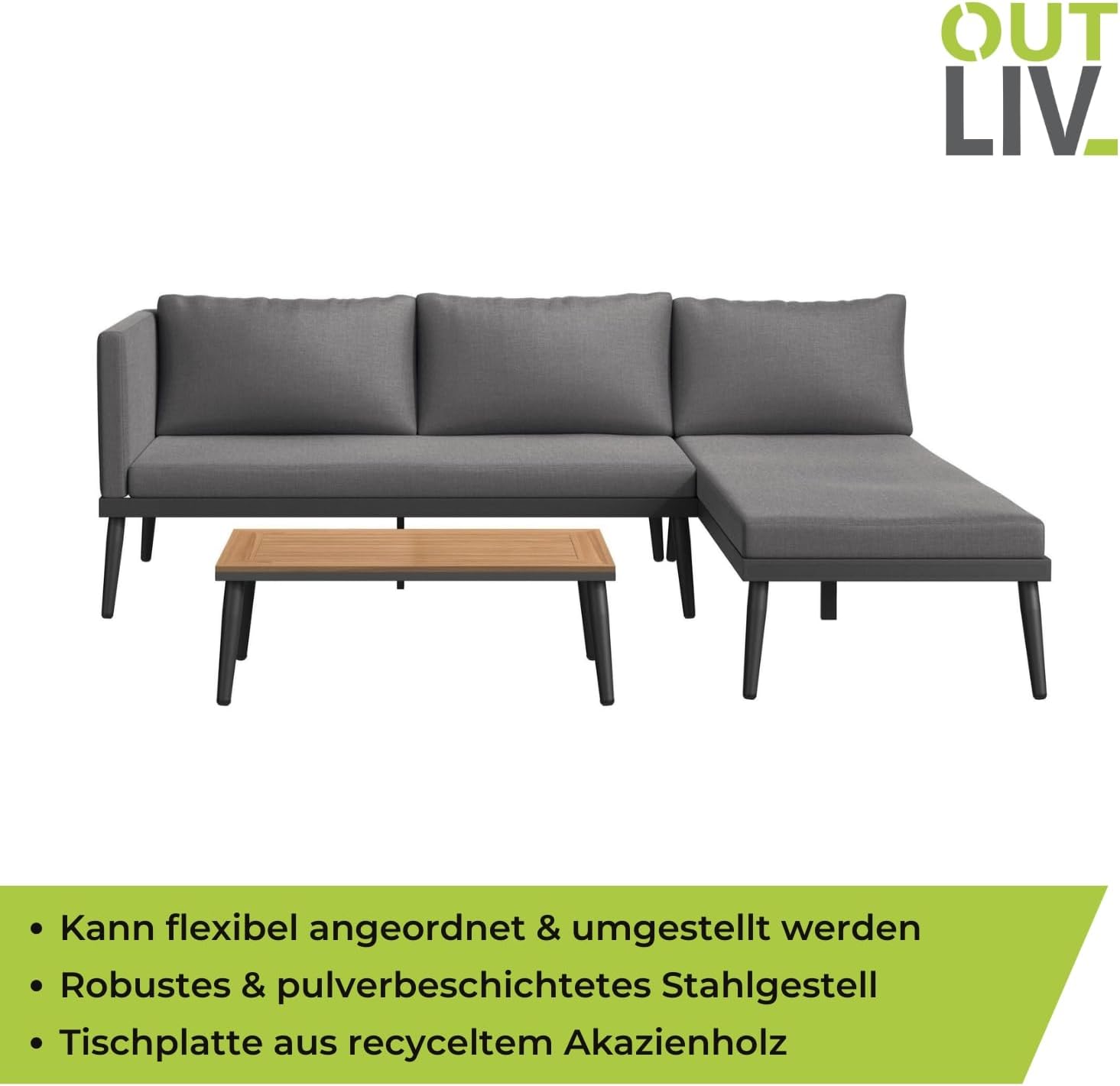 OUTLIV. Lounge Set India, 3-teilig, Stahlgestell, Akazienholz Tischplatte, inkl. waschbare Kissen, L-Form, für Garten und Terrasse, Anthrazit – Bild 3