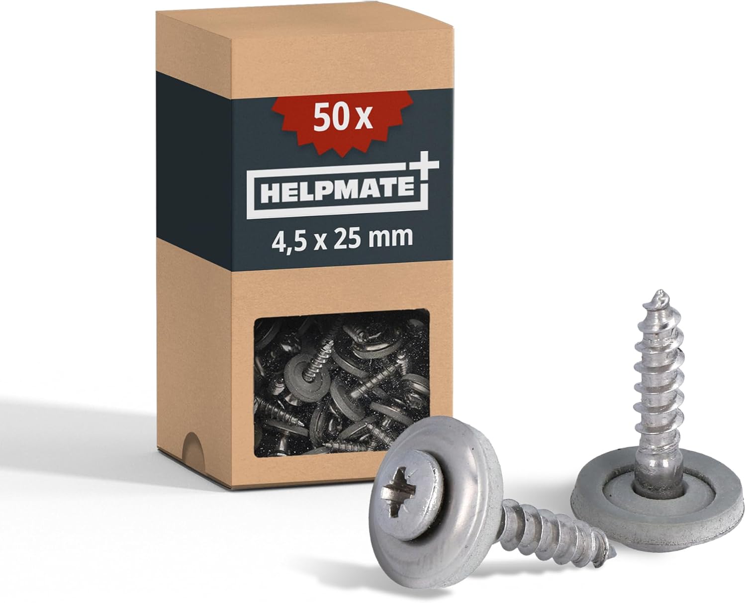 HELPMATE – Spenglerschrauben 4,5x25 mm – 50 Stück – Edelstahl A2 – DIN 7995 – PZ2 – Dachdeckerschrauben mit Linsenkopf, Tellerscheibe & EPDM-Dichtung – Silber