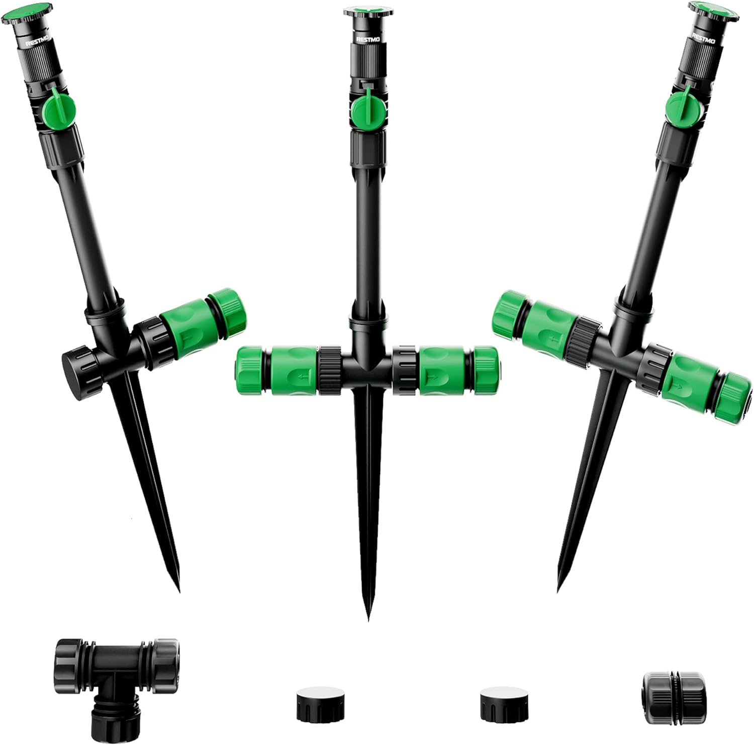 RESTMO Gartensprenger, Rasensprenger mit Erdspieß, 360°Verstellbarer Rasensprenger zur Gartenbewässerung, Gartensprinkler mit Schnellverbinder,Grün(Ohne Bewässerungsschlauch)