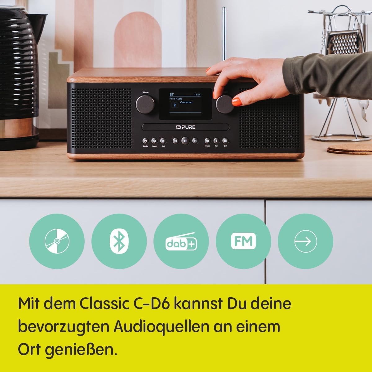 Pure Classic C-D6 CD-Player mit DAB+ Digitalradio & UKW, Bluetooth 5.3 Stereoanlage 2x15W, USB & AUX, 2,4 Zoll TFT-Farbdisplay, Fernbedienung, Kaffeeschwarz/Walnuss – Bild 3