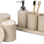 ZCCZ Badezimmer Set – 6 Teile – Badezimmer Organizer mit Zahnbürstenhalter, Seifenspender, Seifenschale, für Kosmetik u. Wattestäbchen – Edle Badezimmer Deko in Marmor-Optik, Sandfarben