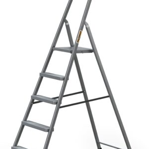 DRABEST - Stehleiter - mit 5 Stufen - bis 125 kg belastbar - 1,73 m lang - Arbeitshöhe 3 m - Trittleiter, Bockleiter aus Stahl pulverbeschichtet - für Haushalt, Malerarbeiten - Grau