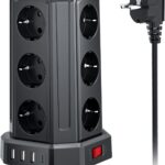 Sameriver 12 Fach Steckdosenleiste Steckerleiste mit 5M Verlängerungskabel，4 USB Mehrfachsteckdose mit Überspannungsschutz，Steckdosenturm Mehrfachstecker für Zuhause,Büro