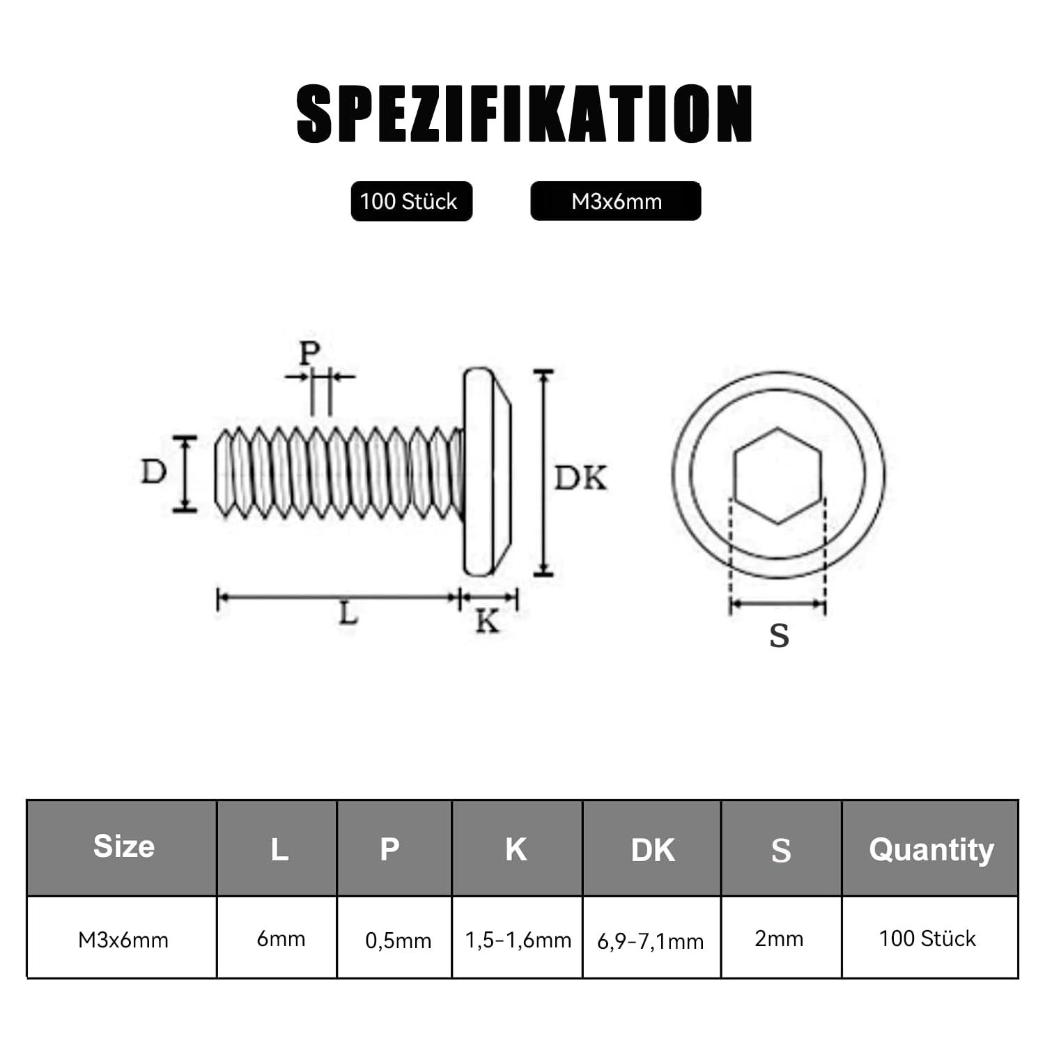 Dayalo 100 Stück M3x6 Schrauben, Flachkopfschrauben, M3 Schraubens Edelstahl A2 V2A, Innensechskant, Vollgewinde, mit Innensechskantschlussel – Bild 2