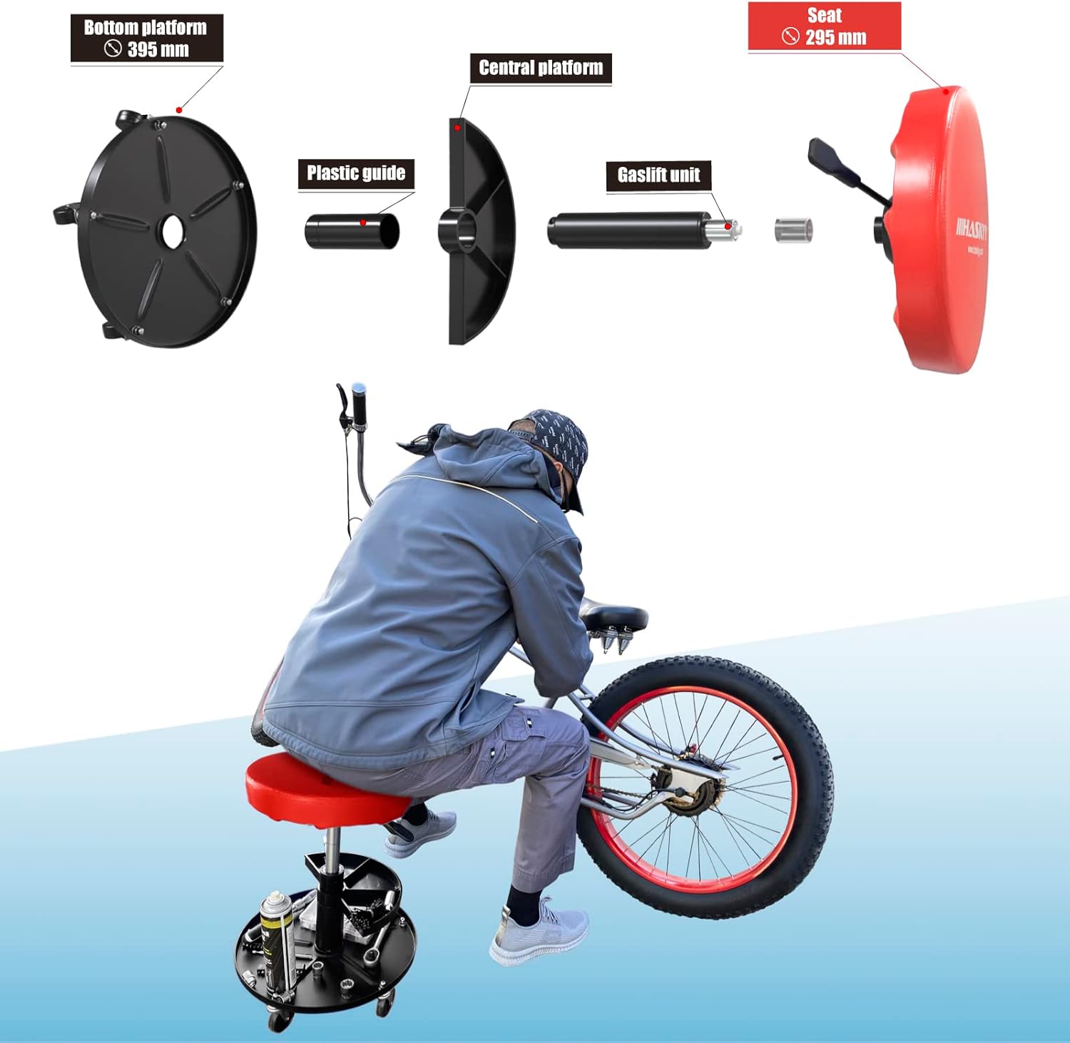 HASKYY Höhenverstellbar Werkstattstuhl Werkstatthocker Werkstattsitz Arbeits-Hocker-Stuhl-Sitz ROT mit 5 Rollen | ca. ø 40cm | 2 Ablagen | 430-580mm – Bild 4