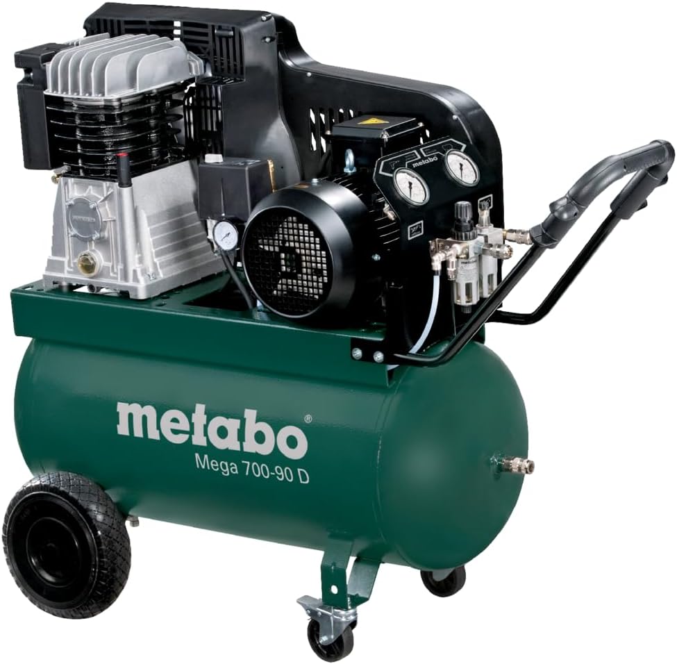 Metabo Mega 700-90 D Kompressor (11 bar, 4 kW, Liefermenge 450 l/min, 90 l Kesselgröße, gummierte Räder, Lenkrollen, Werkstattzubehör) 601522000