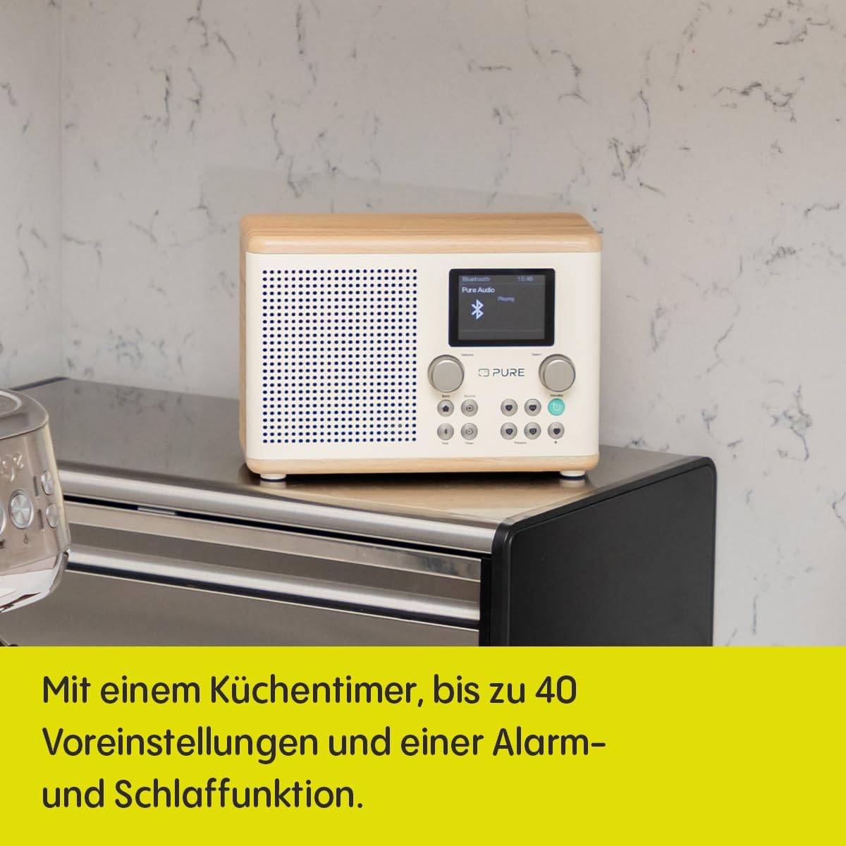 Pure Classic H4 DAB+ Radio – Digitalradio mit Bluetooth 5.3, 10W Lautsprecher, 2.4'' TFT‑Farbdisplay, Küchen‑Timer, Wecker, 80 Sender, AUX‑In, USB, stilvolles Küchenradio Baumwoll Weiß/Eiche – Bild 4
