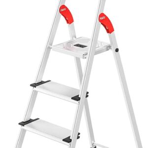Hailo L80 ComfortLine Alu-Sicherheits-Stehleiter - klappbare Leiter mit 4 XXL Stufen und Ablageschale - Arbeitshöhe bis 285 cm - Gewicht 4,4 kg - Silber