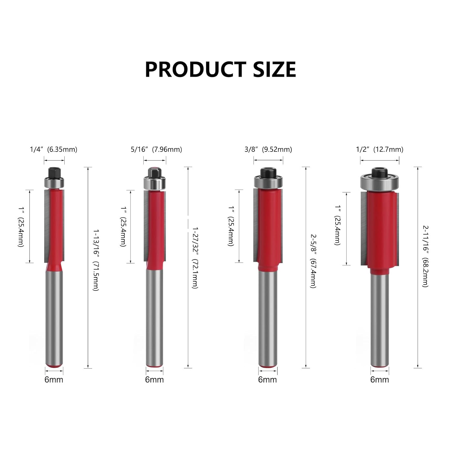 4 Stück Bündigfräser 6mm Schaft, Bündigfräser Fräser Set, Doppelseitiger Fräser mit Lagern, Holzschneider Profifräser für Holzbearbeitungswerkzeuge Zum Schneiden, Trimmen – Bild 2