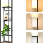 Omdekor Stehlampe mit Regal aus Holz, Stehlampe Wohnzimmer mit 3 Farbtemperatur, Stehleuchte 1.62M mit Lampenschirm, Moderne Schwarz Standleuchte mit 3 Holzregale für Whonzimmer Schlafzimmer Büro