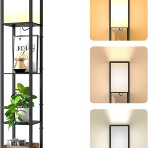 Omdekor Stehlampe mit Regal aus Holz, Stehlampe Wohnzimmer mit 3 Farbtemperatur, Stehleuchte 1.62M mit Lampenschirm, Moderne Schwarz Standleuchte mit 3 Holzregale für Whonzimmer Schlafzimmer Büro