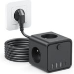 Steckdosenwürfel mit USB,7 in 1 Steckdosenleiste mit Schaltbar,3 Fach Mehrfachsteckdose mit 4 USB, Mehrfachstecker mit Save Energy-Schalter,2M Verlängerungskabel Kabel für Büro, zu Hause