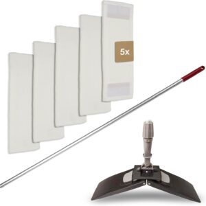 Bodenwischer Set Moppstange Aluminium mit Rändelhandgriff + Klapphalter & 5x Microfasermopp Bezug 50cm - Wischbezug Microfaser - Wischer Bodenreinigung - Wischmopp mit Stiel