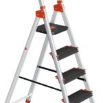 SONGMICS Leiter mit 5 Stufen, Aluleiter, 12 cm breite Stufen mit Riffelung, Anti-Rutsch-Füße, mit Handlauf, Werkzeugschale, bis 150 kg belastbar, schwarz-orange GLT05BK