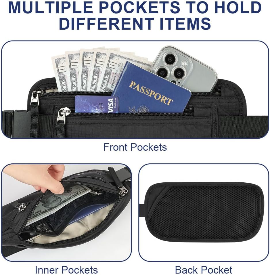 Geldgürtel für Damen und Herren, Diebstahlsicher Flache Bauchtasche mit RFID-Schutz, Ultraflach Versteckte Geldgürtel, Reise Bauchtasche für Reise Sport, Passt für Reisepass, Telefon und Bargeld – Bild 4