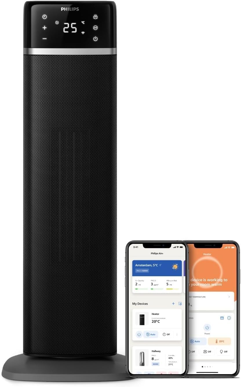 Philips 5000 Turmheizlüfter, 2000W, App-gesteuert, bis zu 50% Energieersparnis, Temp-Anzeige, 5 Sicherheitsfunktionen, 4 Modi, 60° Oszillation, leise, schwarz/grau (CX5120/11)