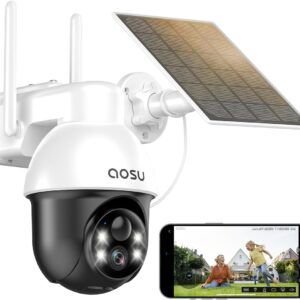 aosu 2K Solar Überwachungskamera Aussen Akku, Kamera Outdoor mit 360°-Überwachung, Automatischer Personenverfolgung, 10M Farbe Nachtsicht, Licht-und Tonalarm, 2-Wege-Audio, Fernbetrachtung