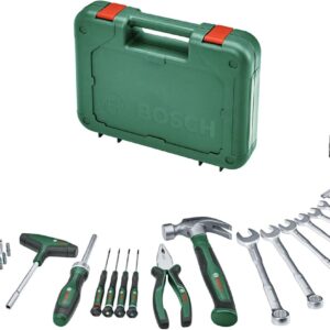 Bosch Werkzeug-Set 64-teilig (vielseitige, ergonomische Werkzeuge aus hochwertigen Materialien; Zange; Schraubenschlüssel; Schraubendreher; Ratsche; Messwerkzeuge; Säge; Hammer; Tieflochmarker)