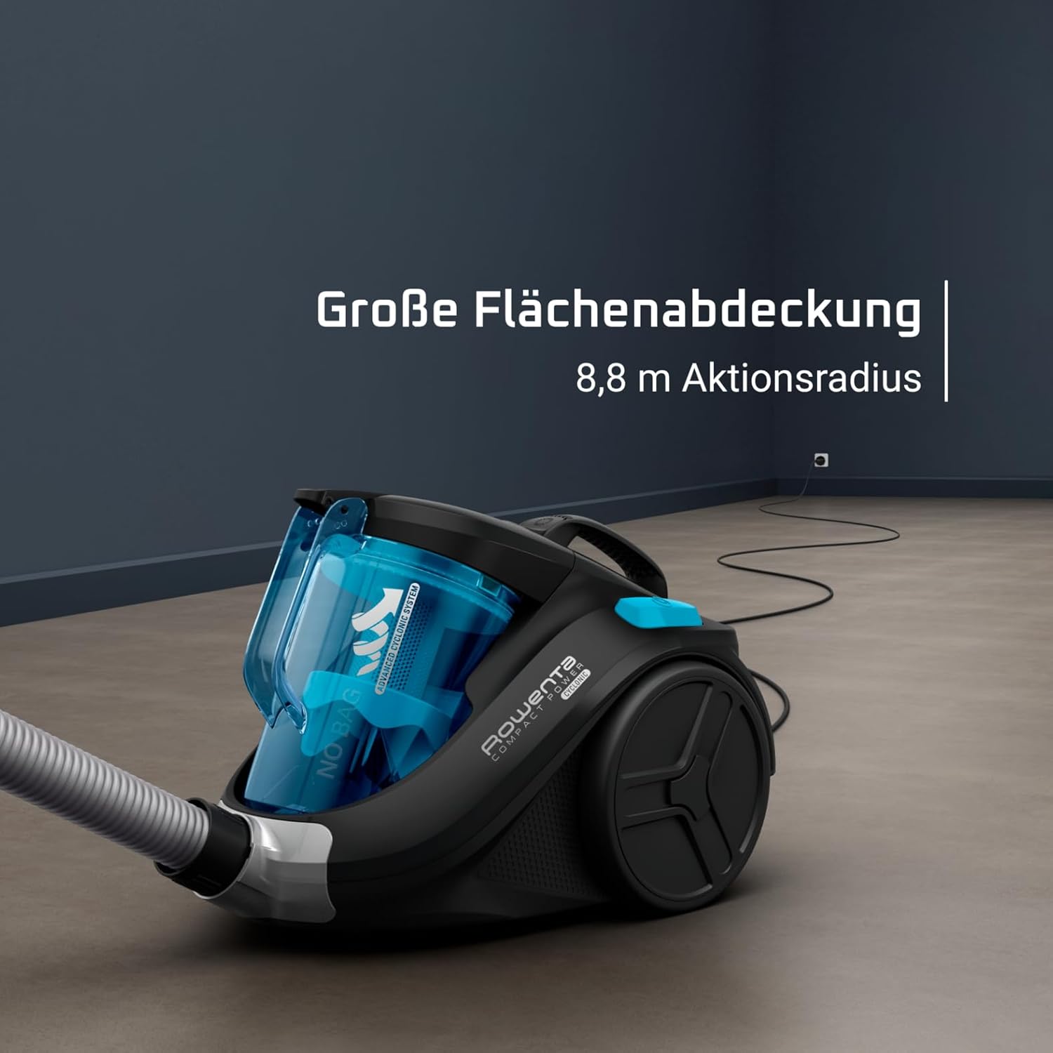 Rowenta Compact Power Cyclonic, Bodenstaubsauger beutelloser, entfernt tiefsitzenden Schmutz, 750 Watt, 1,5 Liter Fassungsvermögen, leichte Entleerung, Staubsauger leise, schwarz/blau, RO3731 – Bild 5