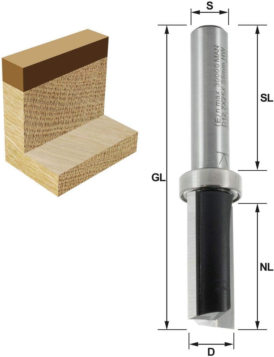 ENT 11700 Bündigfräser HW für Milescraft Zinkenschablone, Durchmesser (D) 12,7 mm, NL 19 mm, S 8 mm, SL 32 mm, GL 55 mm, Z2+1, mit Kugellager am Schaft – Bild 2