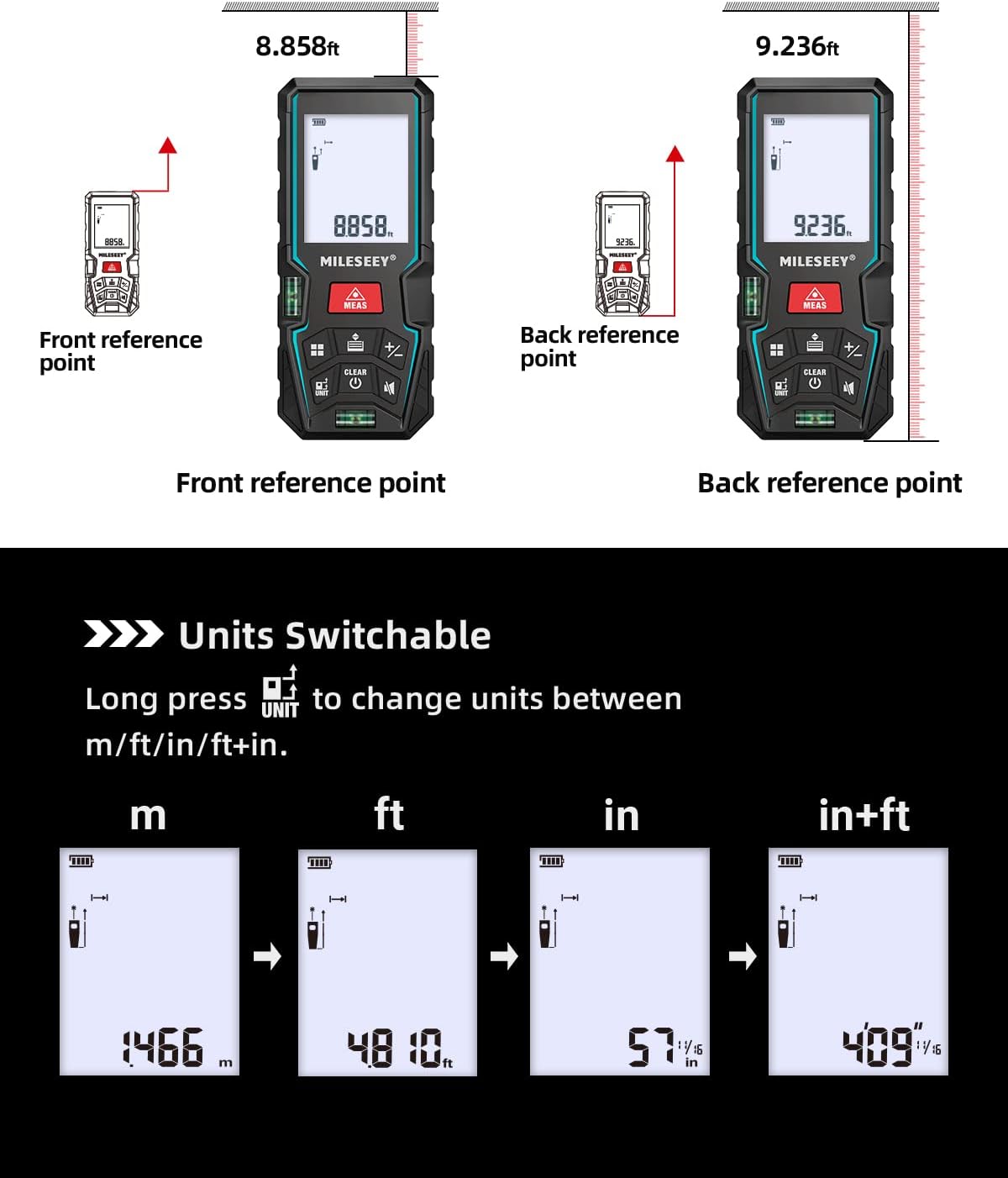 Laser Entfernungsmesser 50M,MiLESEEY Lasermessgerät mit 2 Wasserwaagenblasen,±2mm Genauigkeit,2 Zoll LCD Hintergrundbeleuchtung,Pythagoreischer Modus, Messen von Entfernung,Flächen/Volumenberechnung – Bild 4