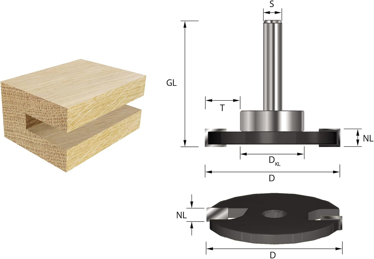 ENT 13974 Scheibennutfräser HW, Schaft (S) 8 mm, Durchmesser (D) 40 mm, NL 2,5 mm, ØKL 28 mm, T 6 mm, GL 55 mm, auf Spindel montiert mit Kugellager 28 mm – Bild 2
