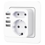 Mehrfachsteckdose mit 4 USB Ports, Mehrfachstecker für Steckdose mit 2 Fach Stecker, Steckdosenadapter mit USB C Port, Doppelstecker für USBC Steckdose, Steckdosenleiste (weiß)
