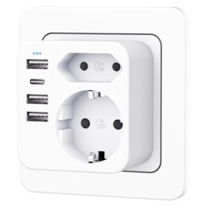 Mehrfachsteckdose mit 4 USB Ports, Mehrfachstecker für Steckdose mit 2 Fach Stecker, Steckdosenadapter mit USB C Port, Doppelstecker für USBC Steckdose, Steckdosenleiste (weiß)