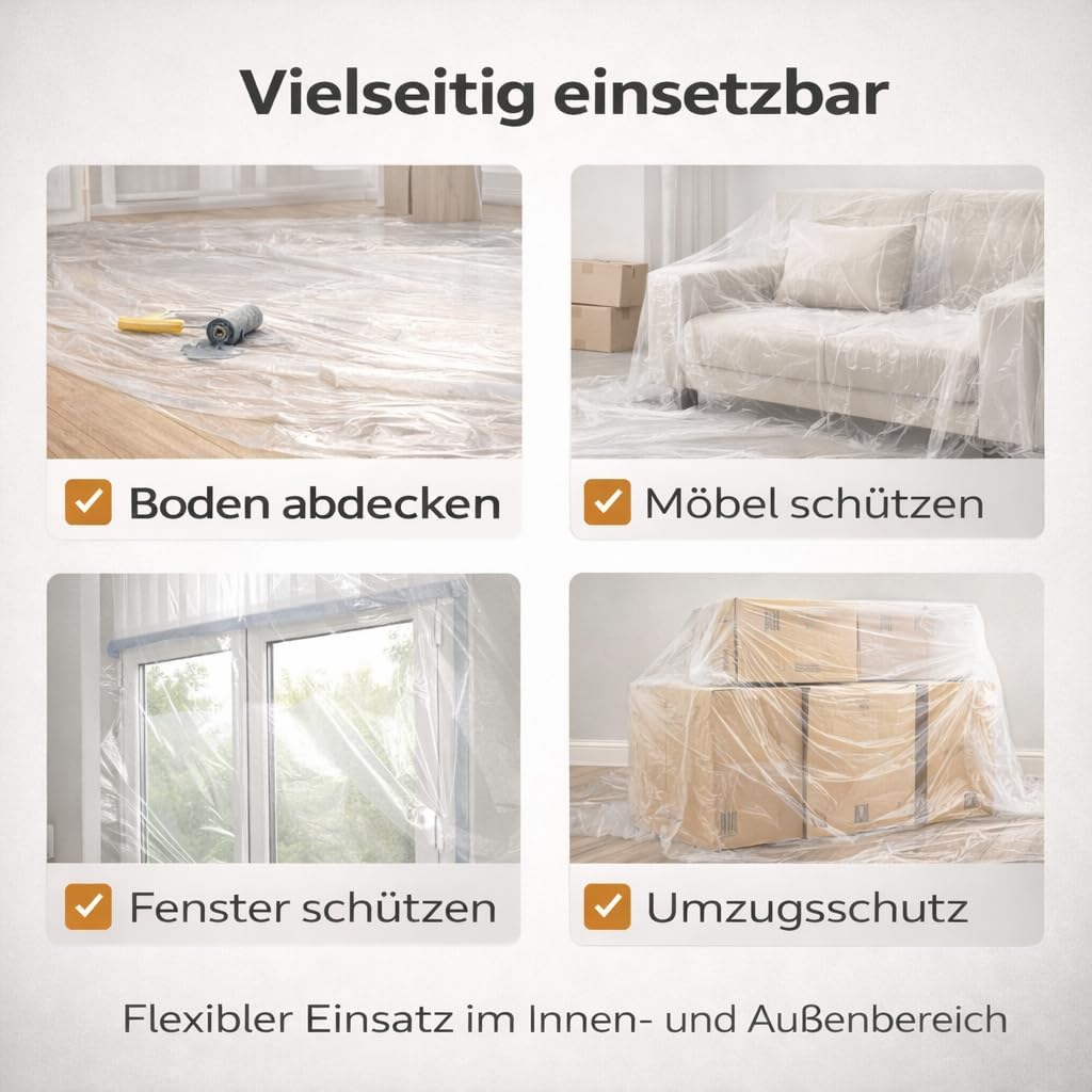 6x Abdeckfolie Maler - extra stark & dick - Malerfolie transparent 4x5 Meter - Malerplane/Abdeckplane - Baufolie optimal für Umzug & Renovierung – Bild 4