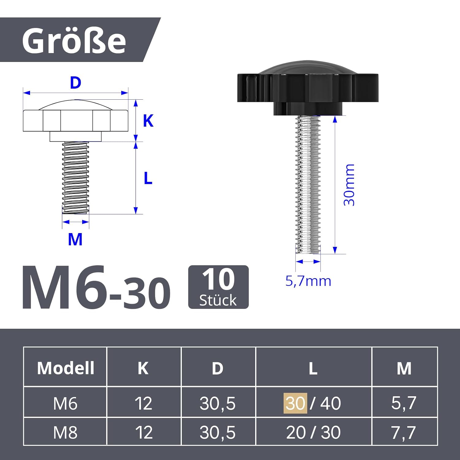 10 Stück Sterngriffschraube, Schrauben mit Griff M6x30mm, Rändelschraube, Sternkopfschraube, Sterngriffmutter, Klemmknopf für Werkzeugmaschine, Maschine(Schwarz) – Bild 2