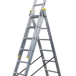 Bayersystem BS-DW 3x9 Mehrzweckleiter, 3x9 Sprossen, 3-teilige Alu-Kombileiter, bis 150 kg belastbar, max. Arbeitshöhe 6,01 m, Klappleiter, Multifunktionsleiter, Stehleiter, Silber/Gelb