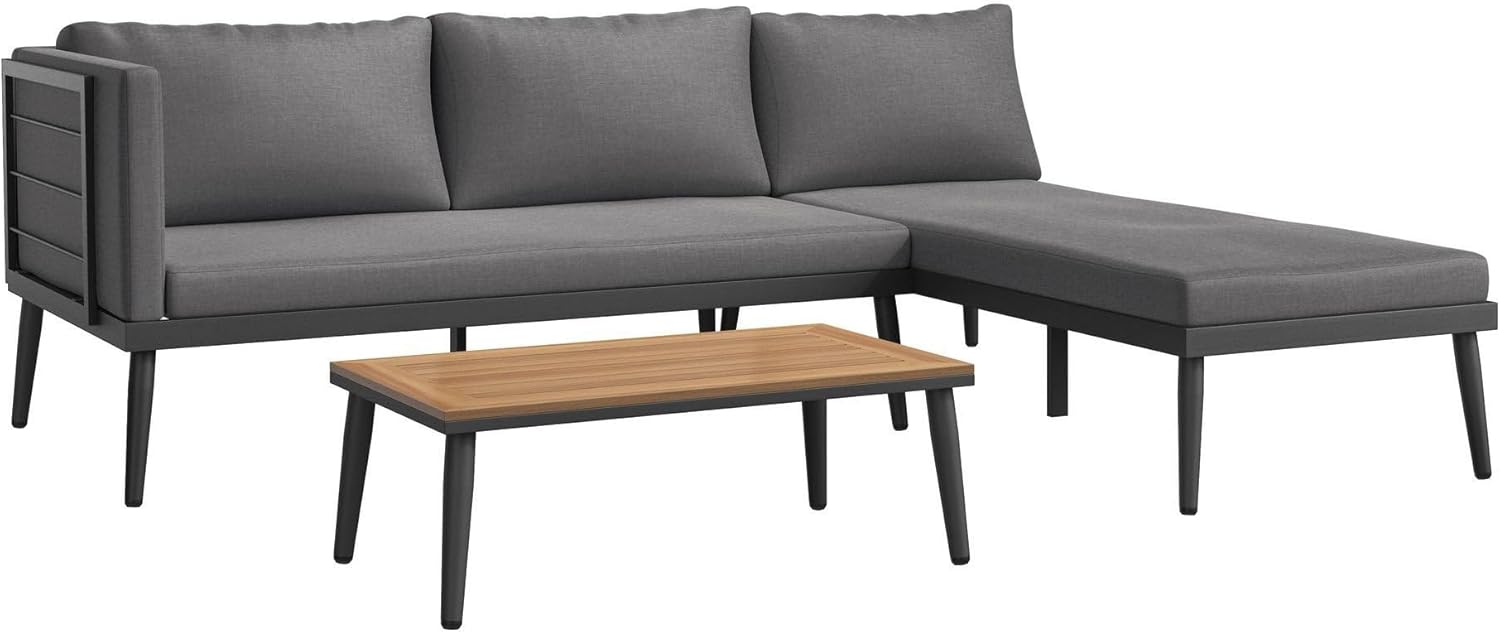 OUTLIV. Lounge Set India, 3-teilig, Stahlgestell, Akazienholz Tischplatte, inkl. waschbare Kissen, L-Form, für Garten und Terrasse, Anthrazit – Bild 2
