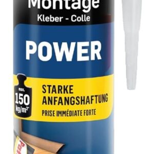 Pattex Montagekleber Power, Baukleber mit starker Anfangshaftung, Kraftkleber für saugende Materialien, Kleber für innen & außen, 1 x 370g