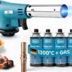 TOM Gasbrenner – Brenneraufsatz - Gaskartuschen mit Bajonettverschluss MSF-1A für Werkstatt, Garten, Küche & Co. – 1300°C – Piezozündung – Lötbrenner – Bunsenbrenner (Gasbrenner mit 4 Gaskartuschen)