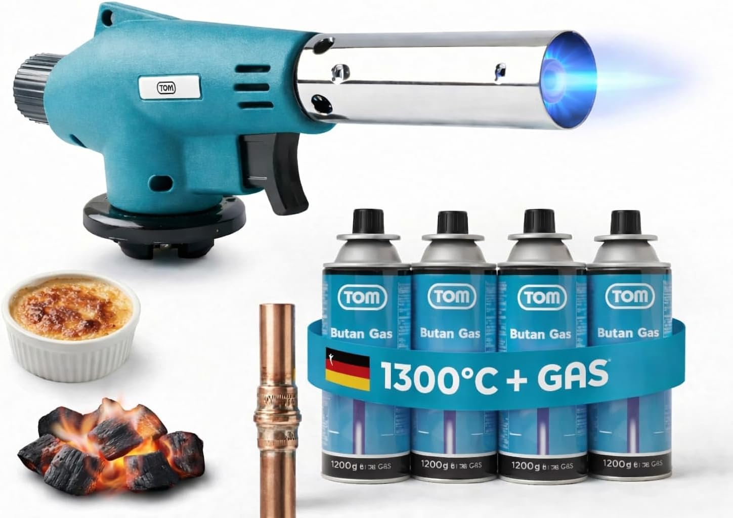 TOM Gasbrenner – Brenneraufsatz - Gaskartuschen mit Bajonettverschluss MSF-1A für Werkstatt, Garten, Küche & Co. – 1300°C – Piezozündung – Lötbrenner – Bunsenbrenner (Gasbrenner mit 4 Gaskartuschen)