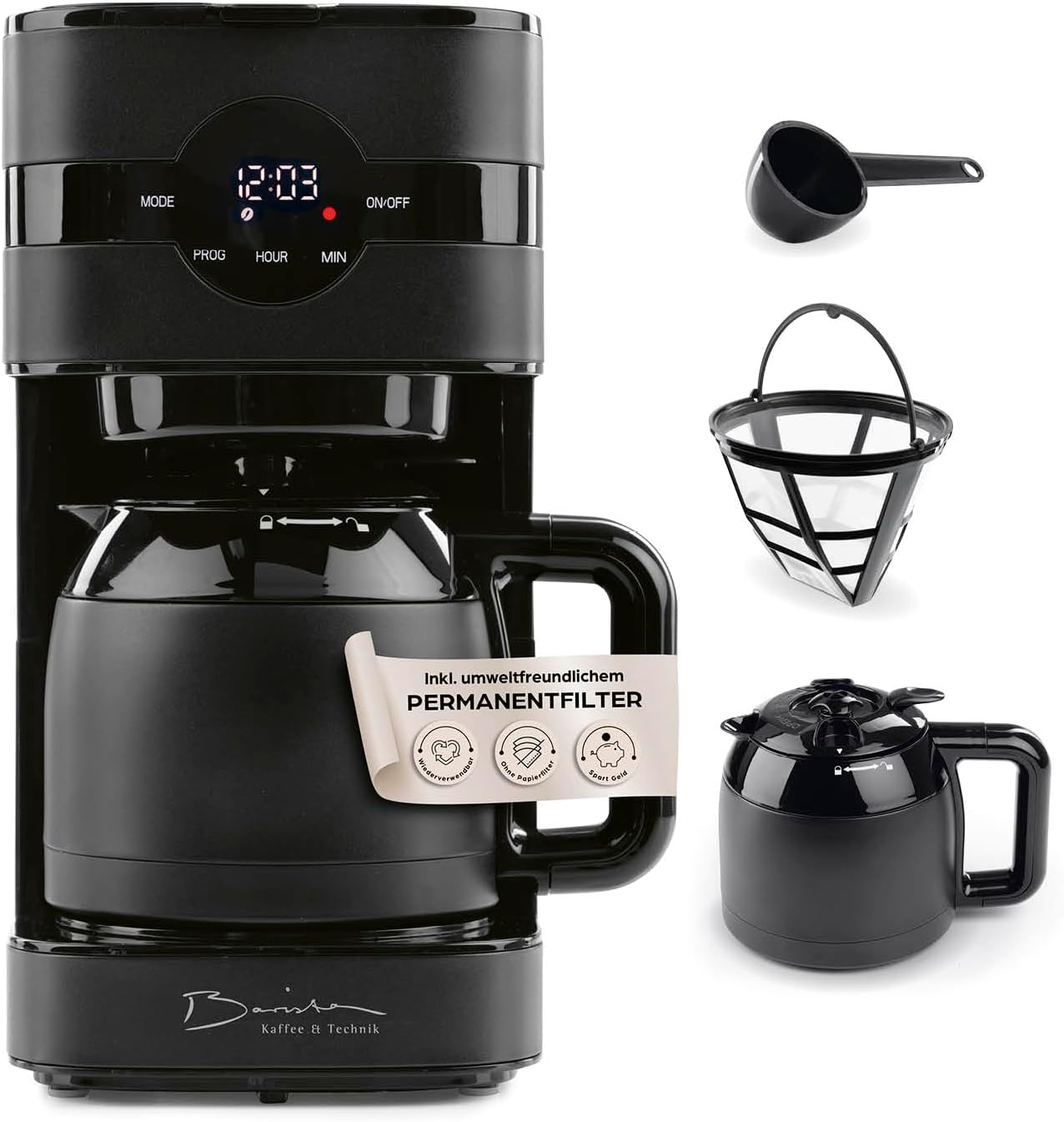Barista Filterkaffeemaschine mit Thermokanne | 24h Timer & Permanentfilter | Für 8 Tassen Kaffee | Kaffeemaschine für Pulver [Schwarz]