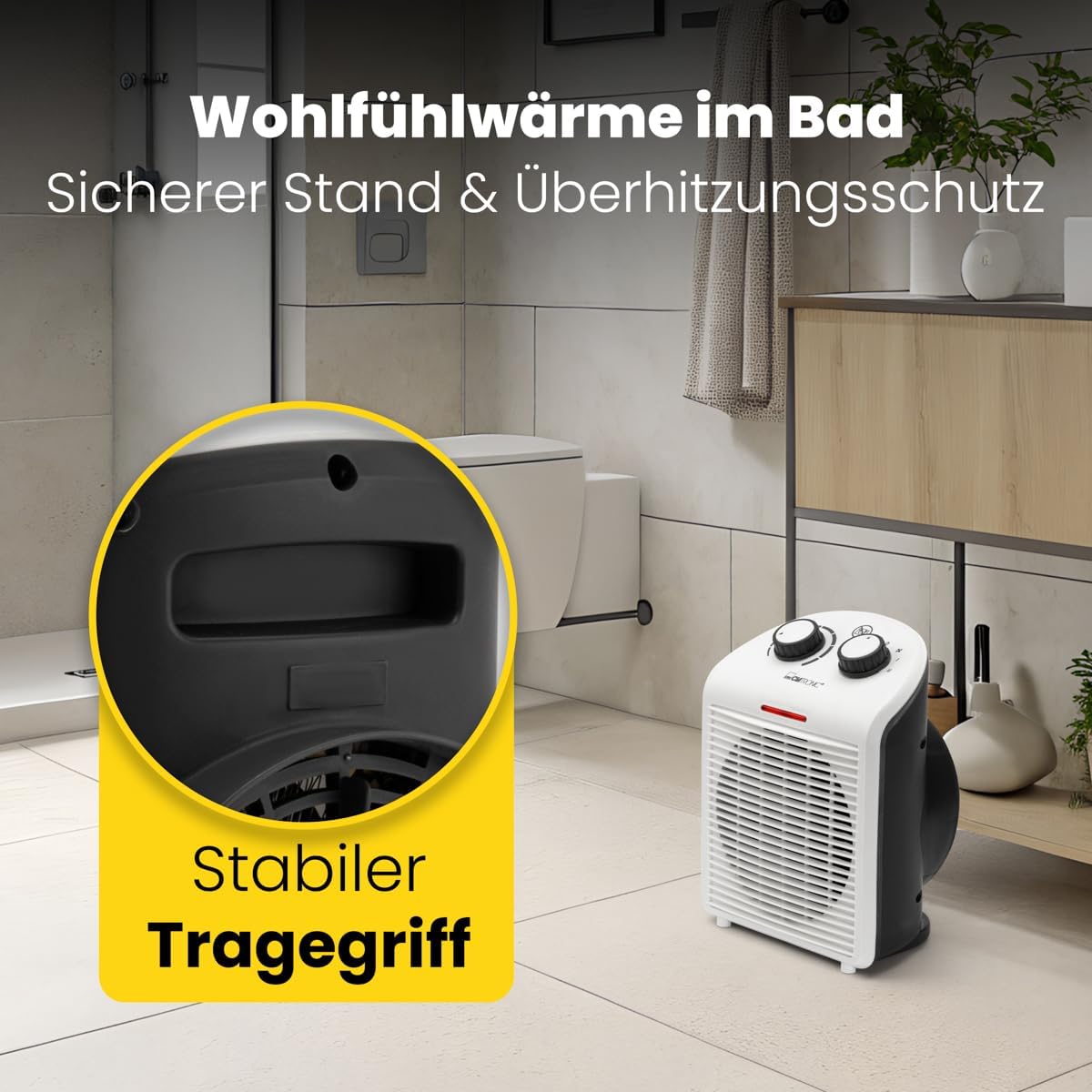 Clatronic Heizlüfter HL 3761, mobiler & kompakter Heizlüfter, 2 Heizstufen (1000/2000 W), Kaltstufe (Ventilator), stabiler Tragegriff, Grau-weiß, 263951 – Bild 2