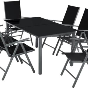 tectake® Sitzgarnitur Aluminium Klappstühle, Lounge Set mit 6X Stühle und 1x Glastisch Esstisch, Gartenmöbel Set wetterfest für den Balkon, Gartenstühle, Terrassenmöbel, Liegestuhl - anthrazit