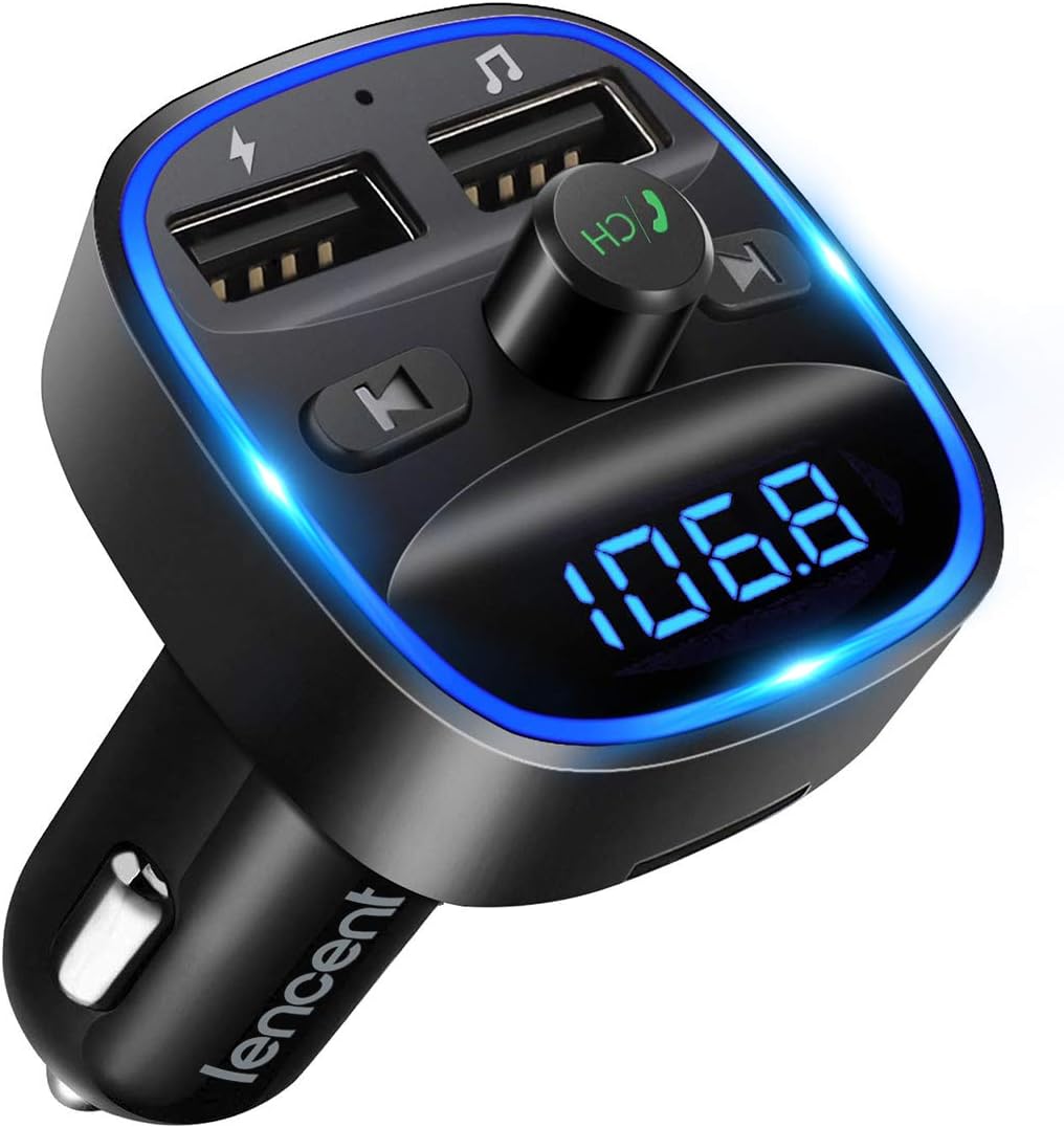 LENCENT Bluetooth FM Transmitter Auto, Musik Adapter für Auto Radio, KFZ Bluetooth Zigarettenanzünder Freisprechanlage, 2 USB Ports, Unterstützt SD-Karte USB-Sticks