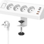 Tischsteckdose mit USB C (PD 20W), 8 in 1 Steckdosenleiste Schreibtisch mit Schalter, 4 Fach Mehrfachsteckdose 4 USB, Überspannungsschutz mit 2M Kabel für Zuhause Büro (Weiß)