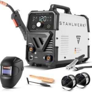 STAHLWERK Schweißgerät Mini FLUX 120 ST Digital – Vollausstattung – Fülldrahtschweißen (FLUX) ohne Schutzgas bis 120 A, synergischer Drahtvorschub, LED-Licht, Lift-TIG- & MMA-Funktion (E-Hand/ARC)