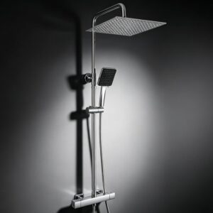 Auralum Thermostat Regendusche Komplettset Chrom, Edelstahl Duscharmatur mit 30cm Überkopfbrause, Höhenverstellbare Duschstange 88-124cm, 6 Strahlarten Handbrause mit halterung, Thermostat Duschsystem