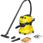 Karcher WD 4 P V-20/5/22 Nass-& Trockensauger, Kunststoffbehälter, Gelb 5 m Kabel, 2,2 m Saugschlauch, mit Gerätesteckdose, Clips-Bodendüse, „Pull & Push“-Verschlusssystem, Gelb