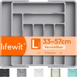 Lifewit Besteckkasten für Schublade, Verstellbarer Besteckhalter Kunststoff Besteckständer, Breite von 33 auf 57 cm, Utensilienhalter Küche Tiefe 38 cm, Küchen Organizer für Löffel/Gabeln, Grau