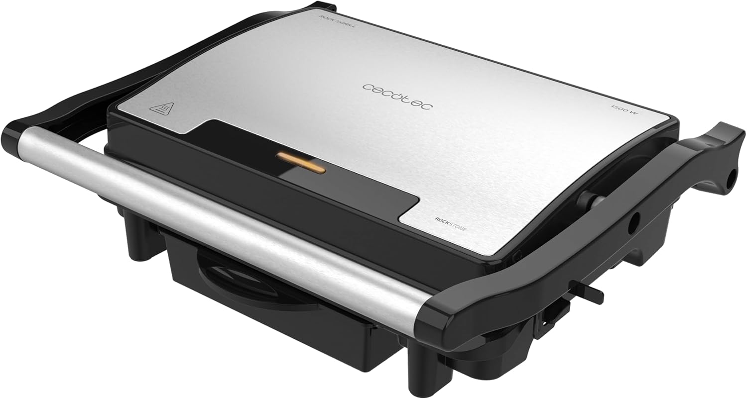 Cecotec Elektrischer Kontaktgrill und Sandwichmaker Rock'nGrill Rapid. 1500 W, Grillfläche 24,5 x 17,3 cm, RockStone-Beschichtung, anpassbare obere Platte, Fettauffangschale.